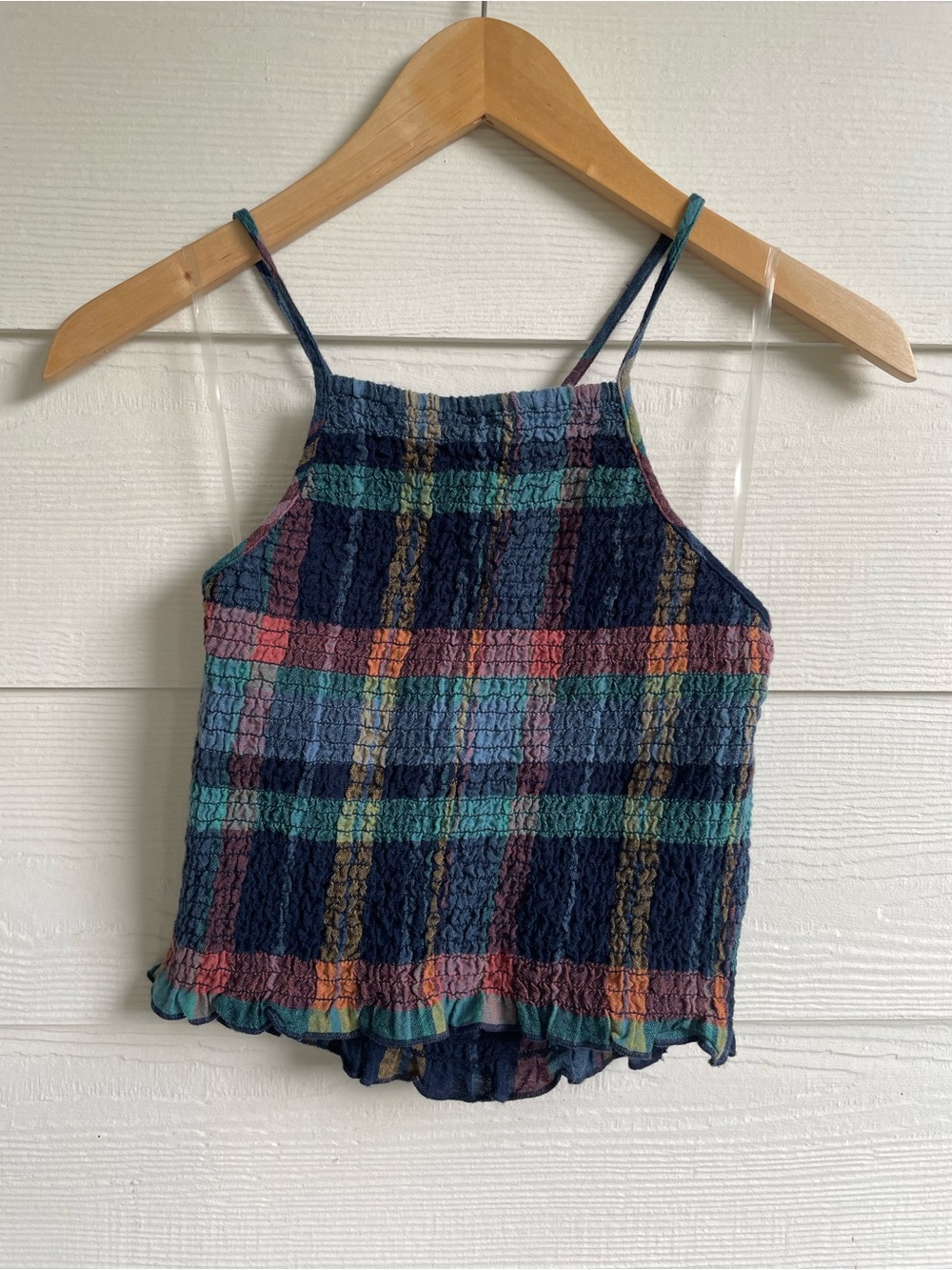 American Eagle Navy Plaid Smocked halter Cropped Tank XS cottagecore coquette